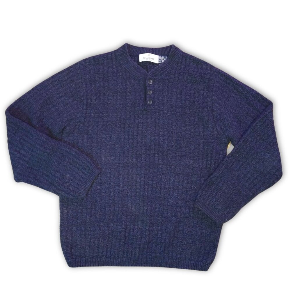 Bill Blass Vintage 90s Chunky Henley Sweater Dark Blue M Knit Preppy Textured M